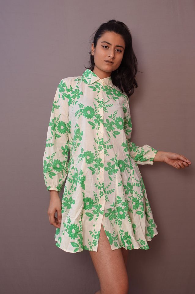 Off white and Green flared short dress