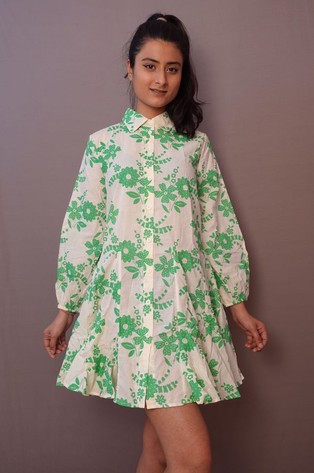 Off white and Green flared short dress
