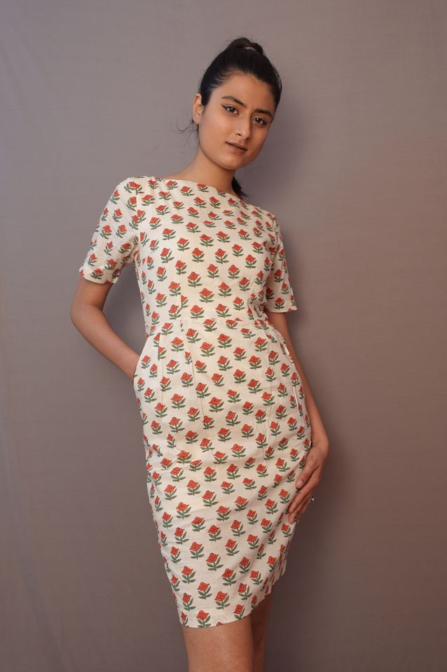 Beige floral sheath dress