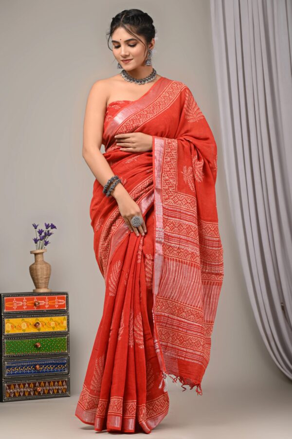 Hand Block Printed Cotton Linen Saree With Blouse ( LS2502 )