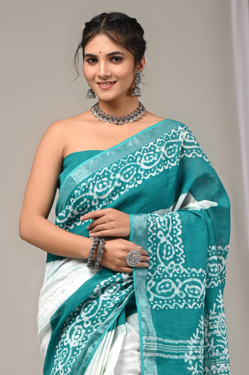 Hand Block Printed Cotton Linen Saree With Blouse ( LS2504 )