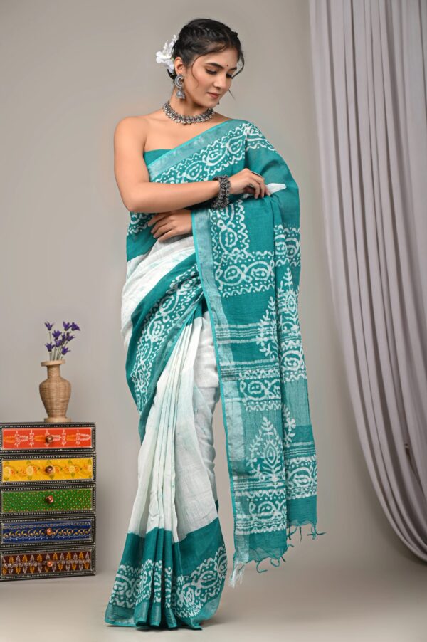 Hand Block Printed Cotton Linen Saree With Blouse ( LS2504 )
