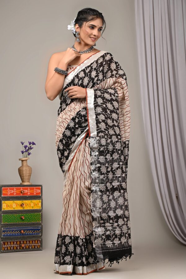 Hand Block Printed Cotton Linen Saree With Blouse ( LS2507 )