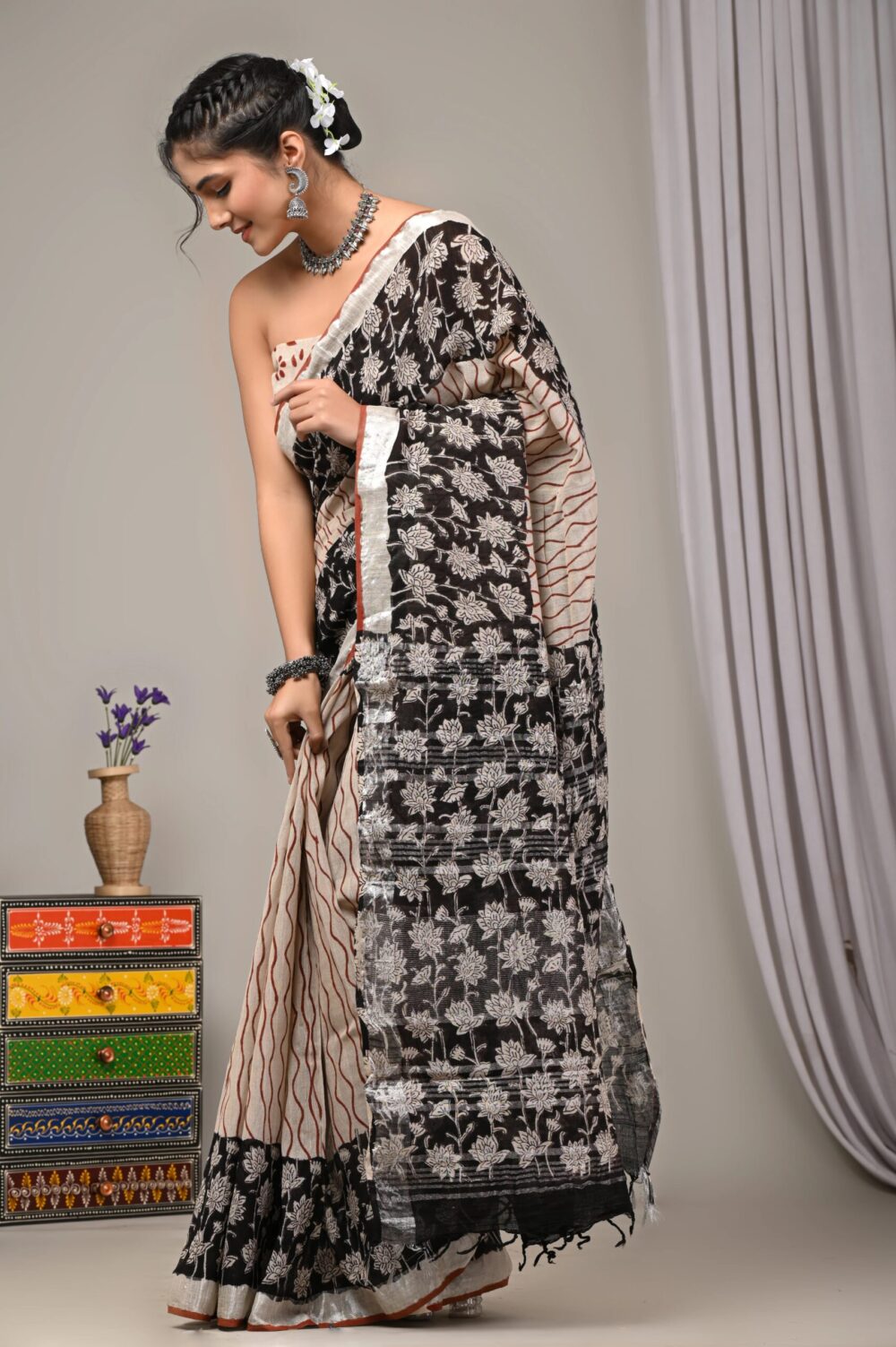 Hand Block Printed Cotton Linen Saree With Blouse ( LS2507 )