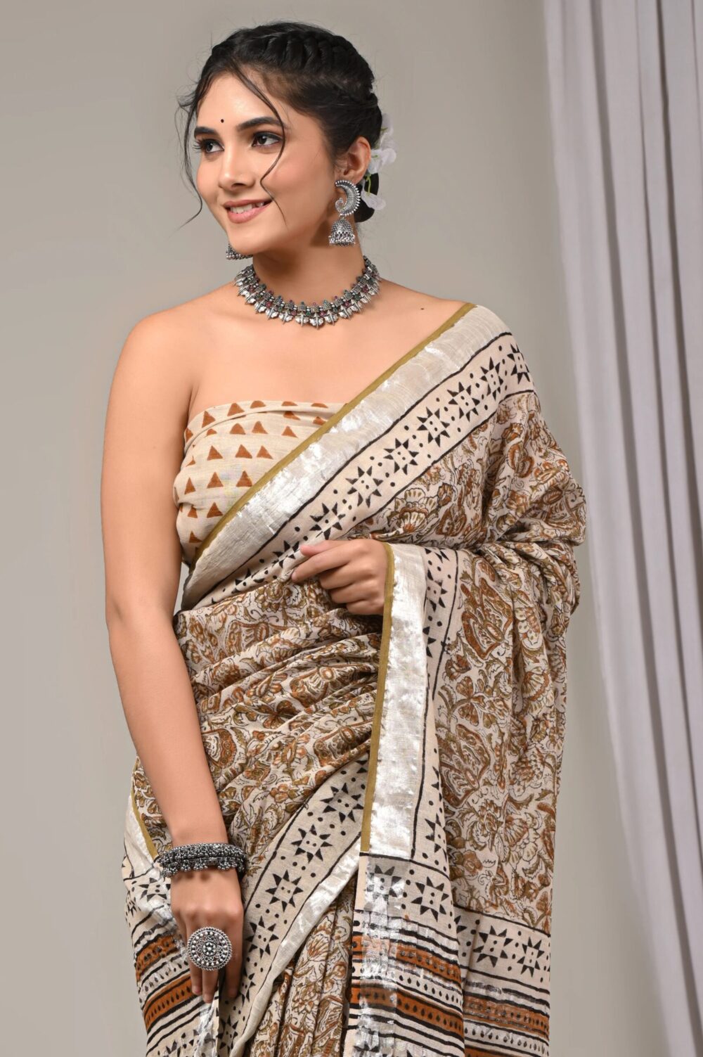 Hand Block Printed Cotton Linen Saree With Blouse ( LS2501 )