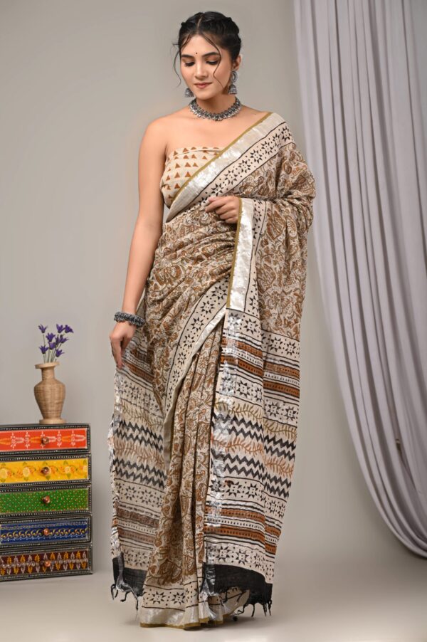 Hand Block Printed Cotton Linen Saree With Blouse ( LS2501 )