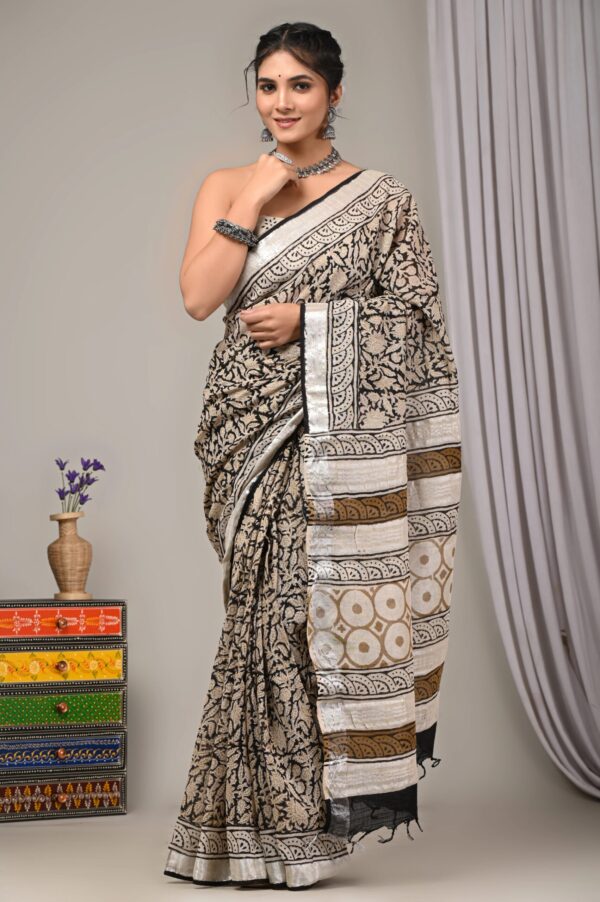 Hand Block Printed Cotton Linen Saree With Blouse ( LS2503 )