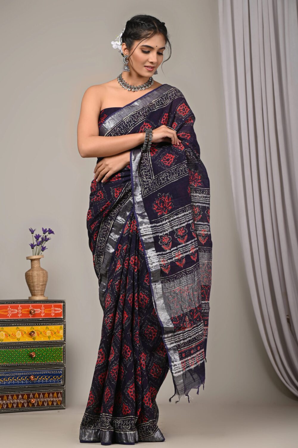 Hand Block Printed Cotton Linen Saree With Blouse ( LS2505 )