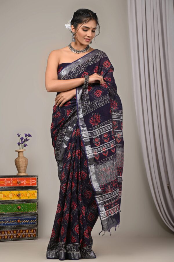 Hand Block Printed Cotton Linen Saree With Blouse ( LS2505 )