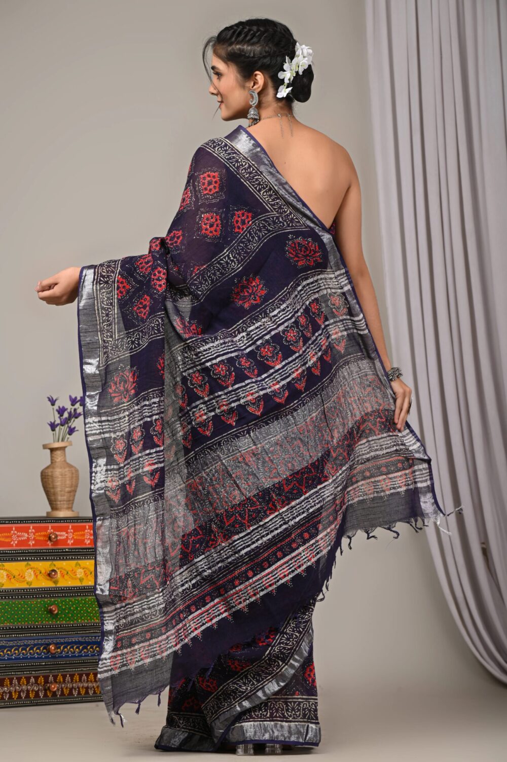 Hand Block Printed Cotton Linen Saree With Blouse ( LS2505 )