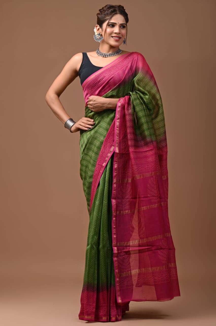 Chanderi Silk Saree with Zari Border in dual contrast ( CSS25012 )