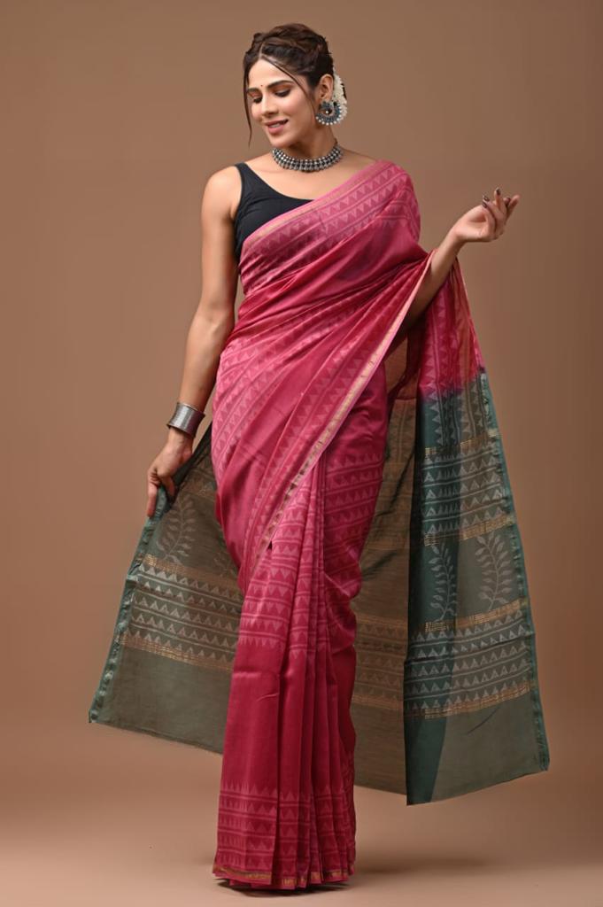 Chanderi Silk Saree with Zari Border in dual contrast( CSS2510 )