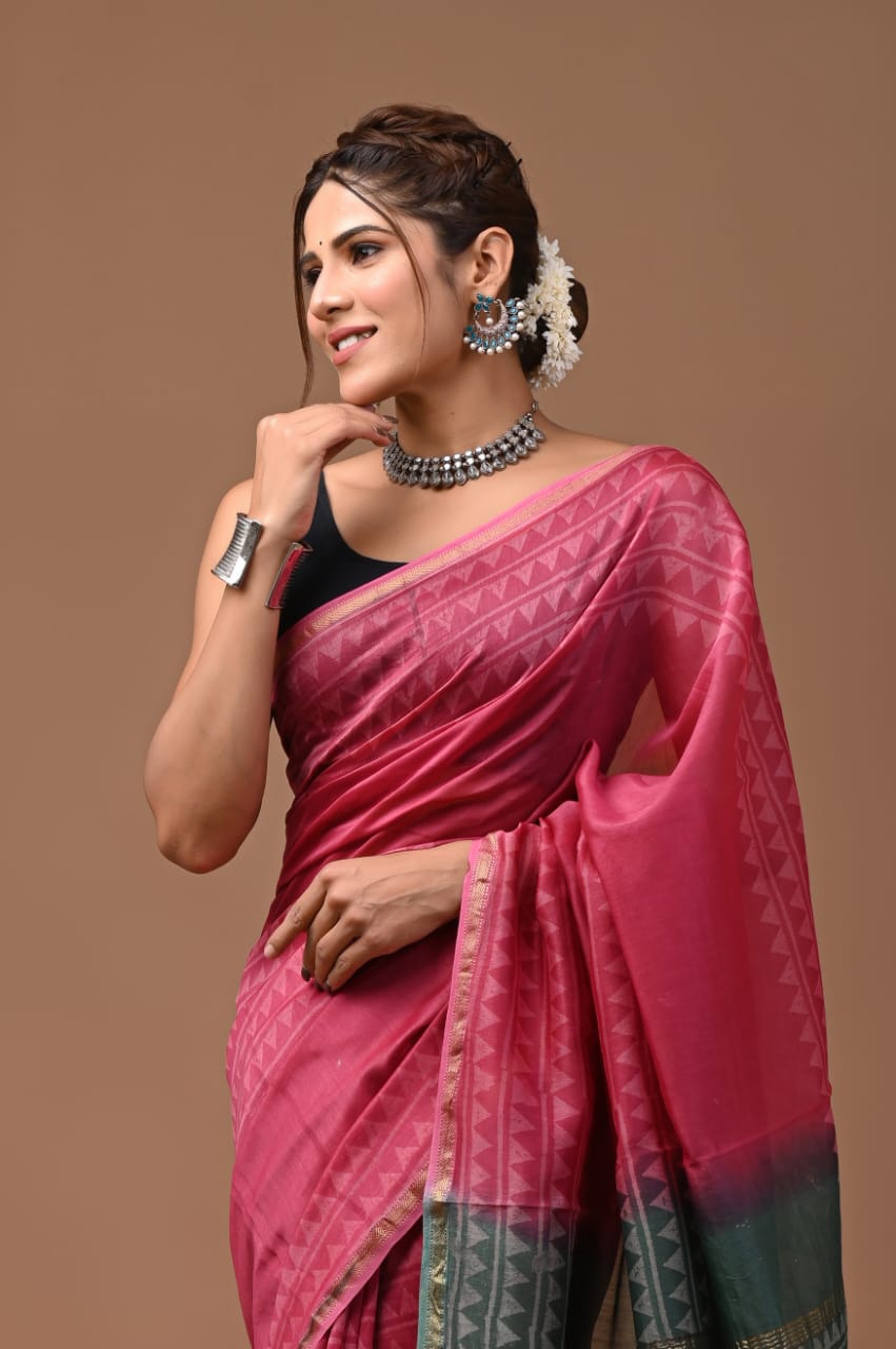 Chanderi Silk Saree with Zari Border in dual contrast( CSS2510 )
