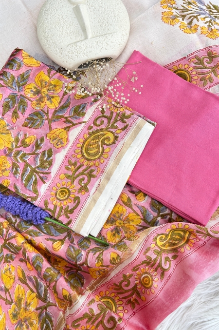 Exclusive Hand Block Print Chanderi Silk Suit Set ( CNSS250013)