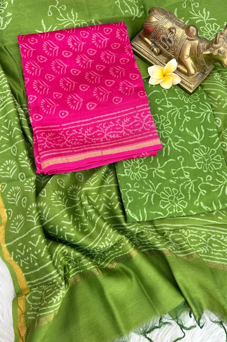 Exclusive Hand Block Print Chanderi Silk Suit Set ( CNSS250015)