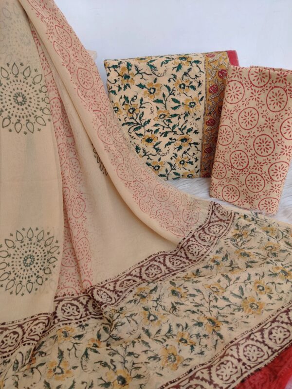 (KALAMKARI) HAND BLOCK PRINTED COTTON SUIT WITH CHIFFON DUPATTA