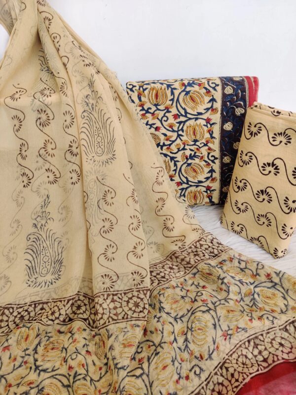 (KALAMKARI) HAND BLOCK PRINTED COTTON SUIT WITH CHIFFON DUPATTA