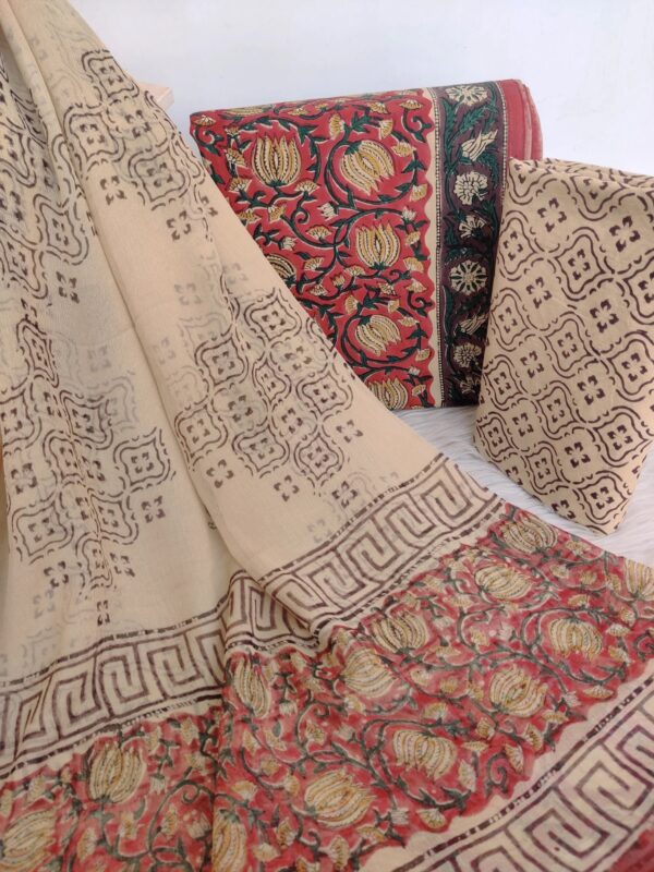 (KALAMKARI) HAND BLOCK PRINTED COTTON SUIT WITH CHIFFON DUPATTA