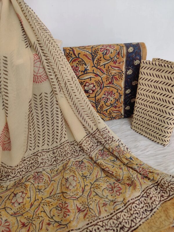 (KALAMKARI) HAND BLOCK PRINTED COTTON SUIT WITH CHIFFON DUPATTA