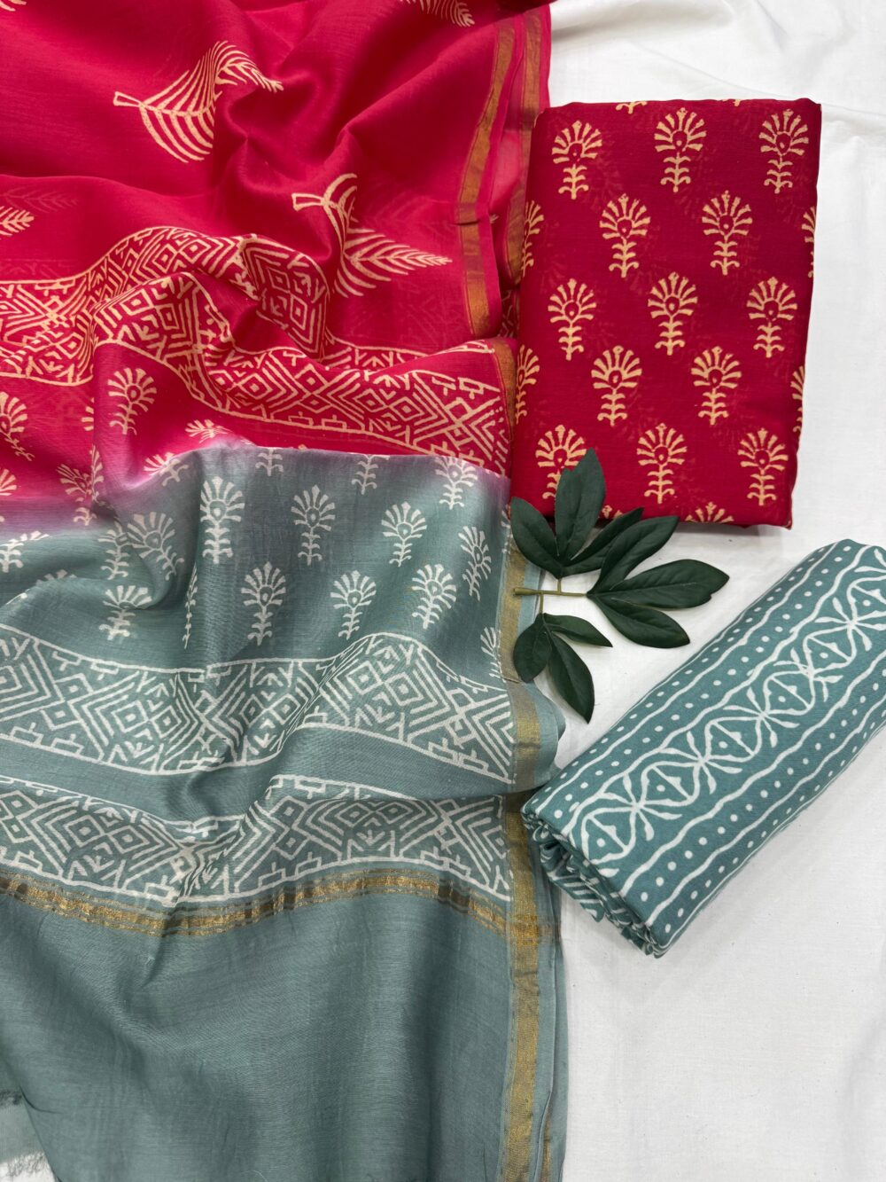 Pure handblock chanderi silk suit with santoon bottom
