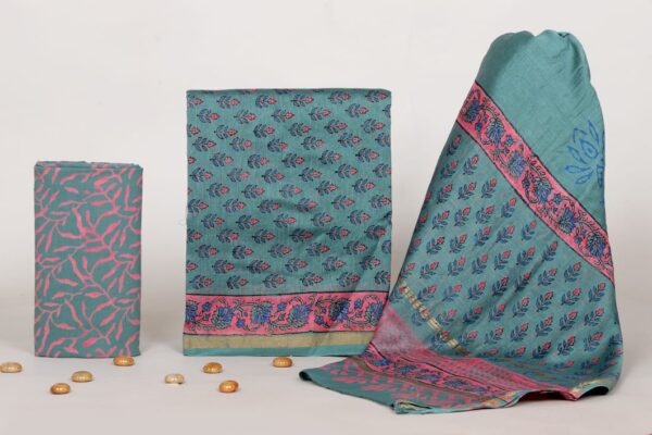 Exclusive Hand Block Print Chanderi Silk Suit Set ( CNSS250030)