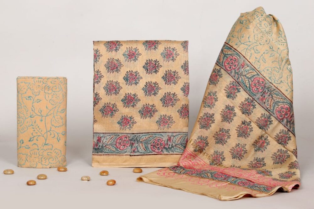 Exclusive Hand Block Print Chanderi Silk Suit Set ( CNSS250036)