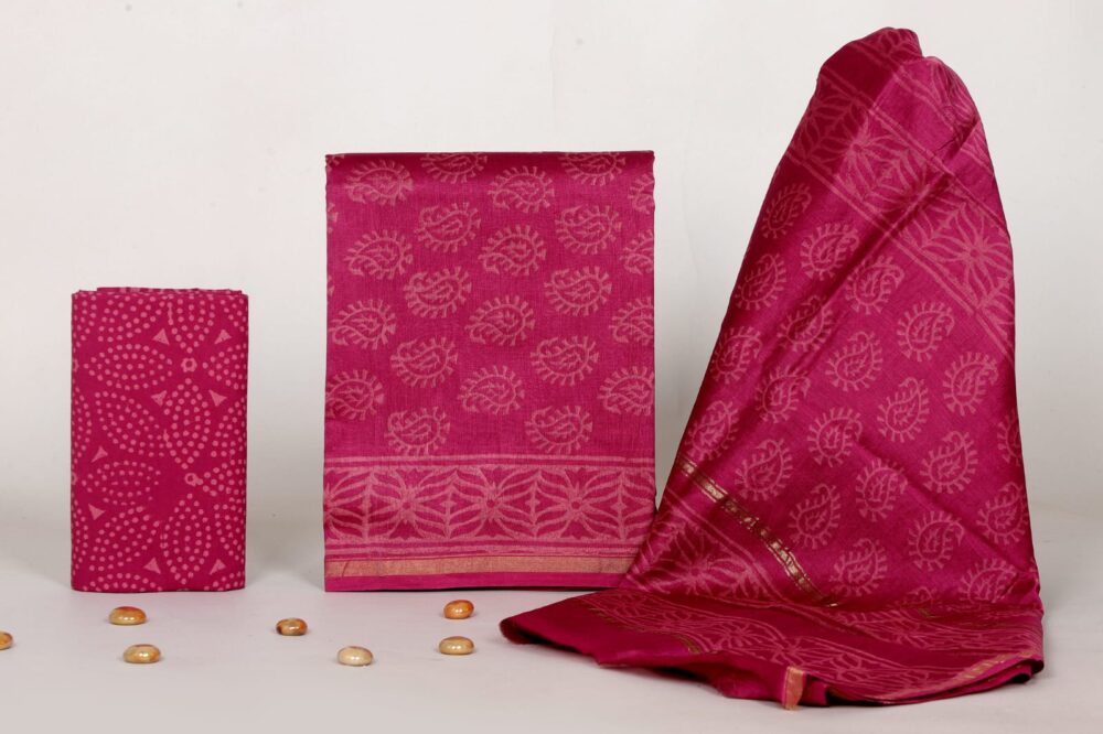 Exclusive Hand Block Print Chanderi Silk Suit Set ( CNSS250034)