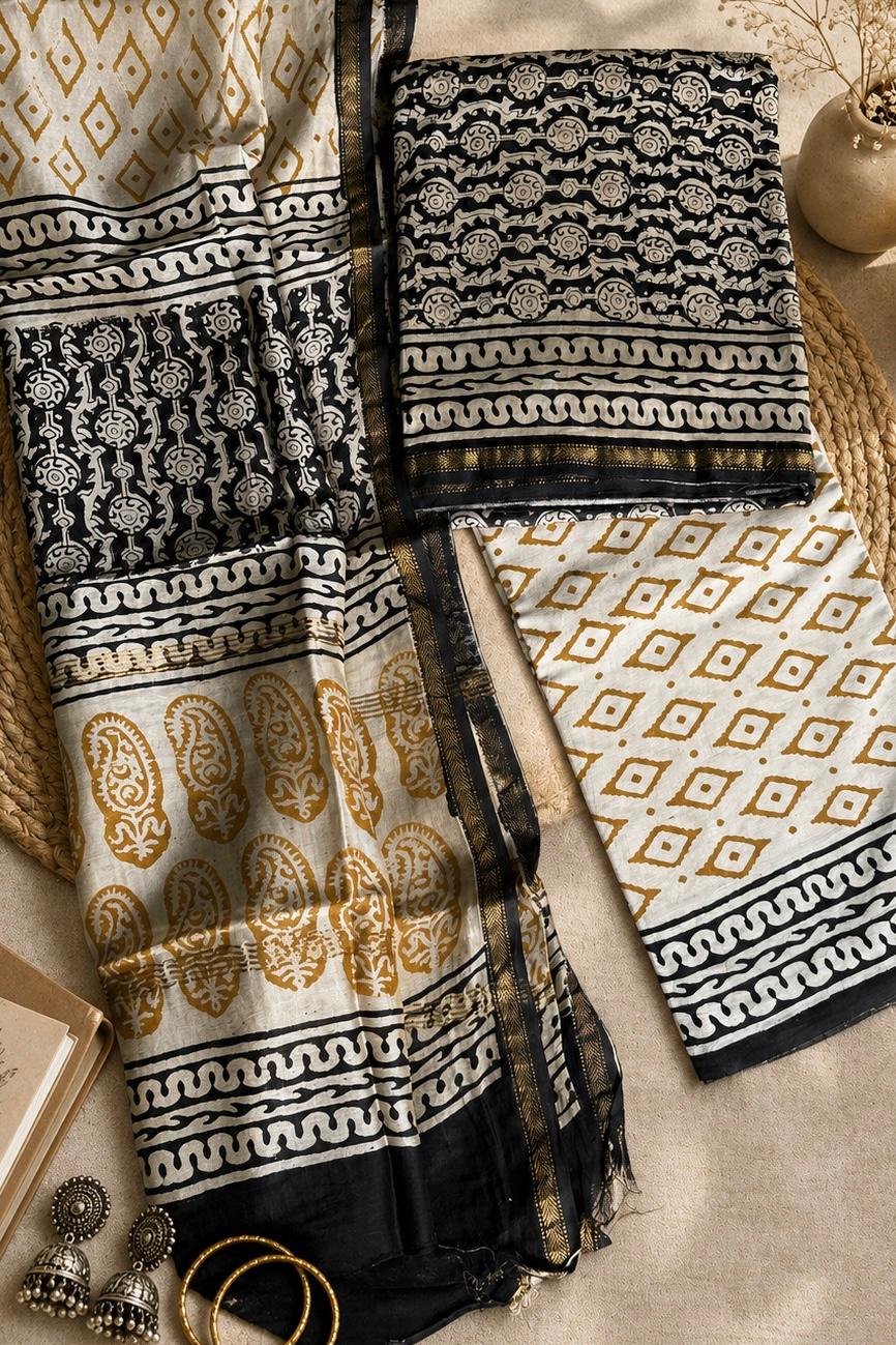 Exclusive Hand Block Print Chanderi Silk Suit Set ( CNSS25039)