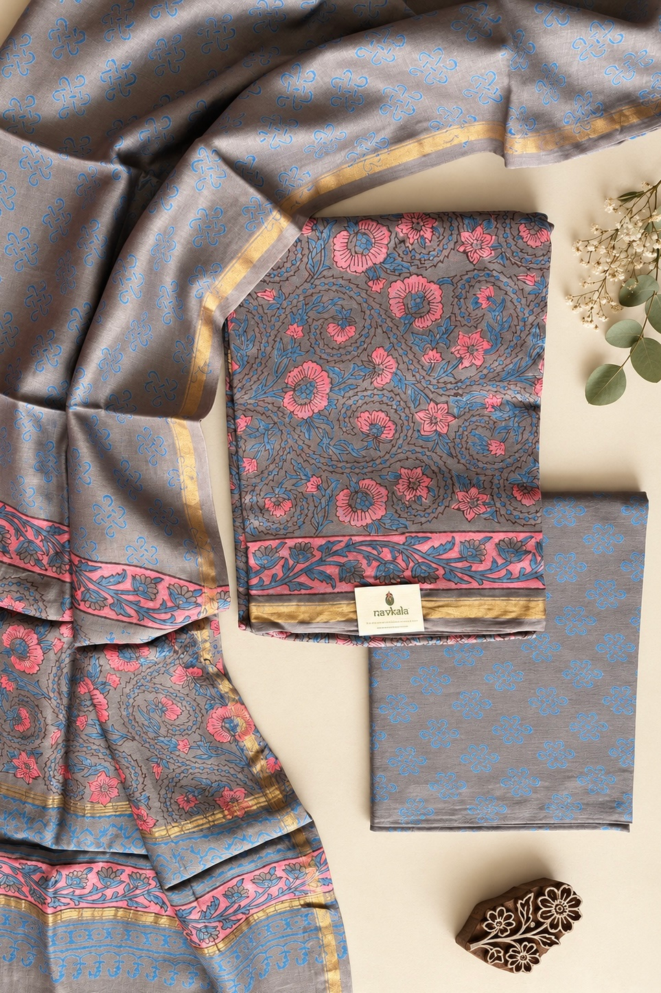 Exclusive Hand Block Print Chanderi Silk Suit Set ( CNSS25045)