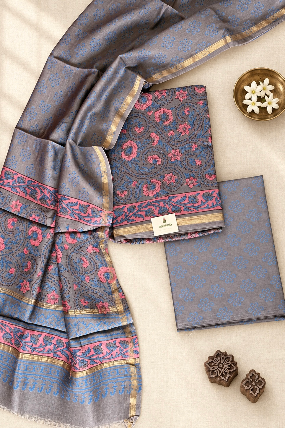 Exclusive Hand Block Print Chanderi Silk Suit Set ( CNSS25045)