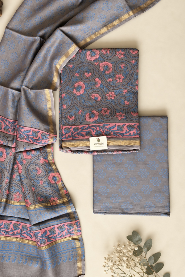 Exclusive Hand Block Print Chanderi Silk Suit Set ( CNSS25045)