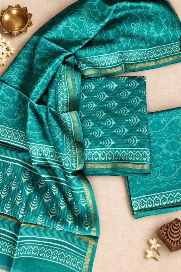 Exclusive Hand Block Print Chanderi Silk Suit Set ( CNSS25042)